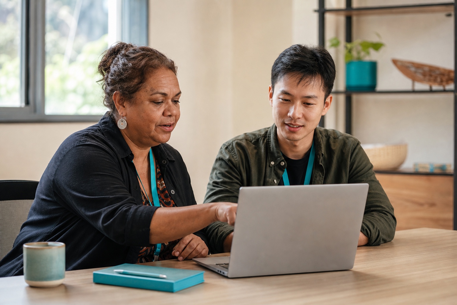 Two vocational education professionals planning an assessment workflow together on a laptop